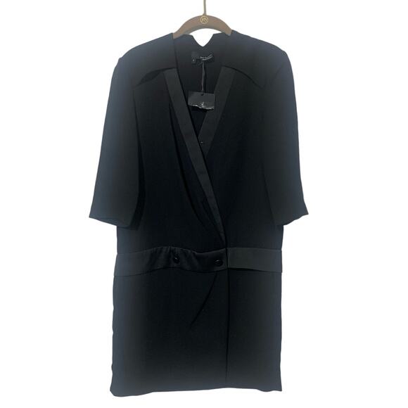 The Kooples sz S NWT Black‎ Crepe and Satin Trim Tuxedo Jacket Wrap Mini Dress - Picture 2 of 10